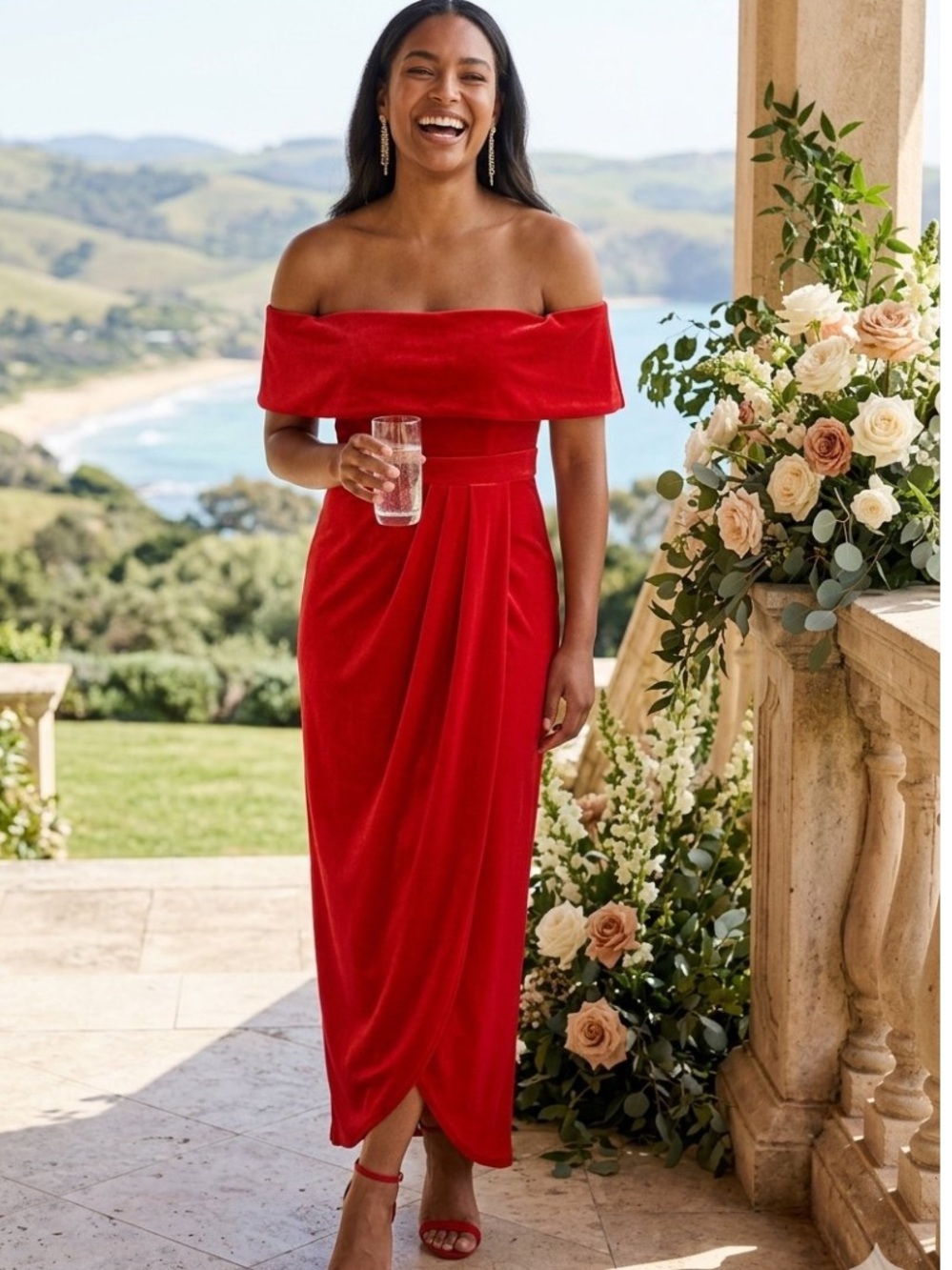 New Lulus Off-Shoulder Red Velvet Midi Dress Sz Small
